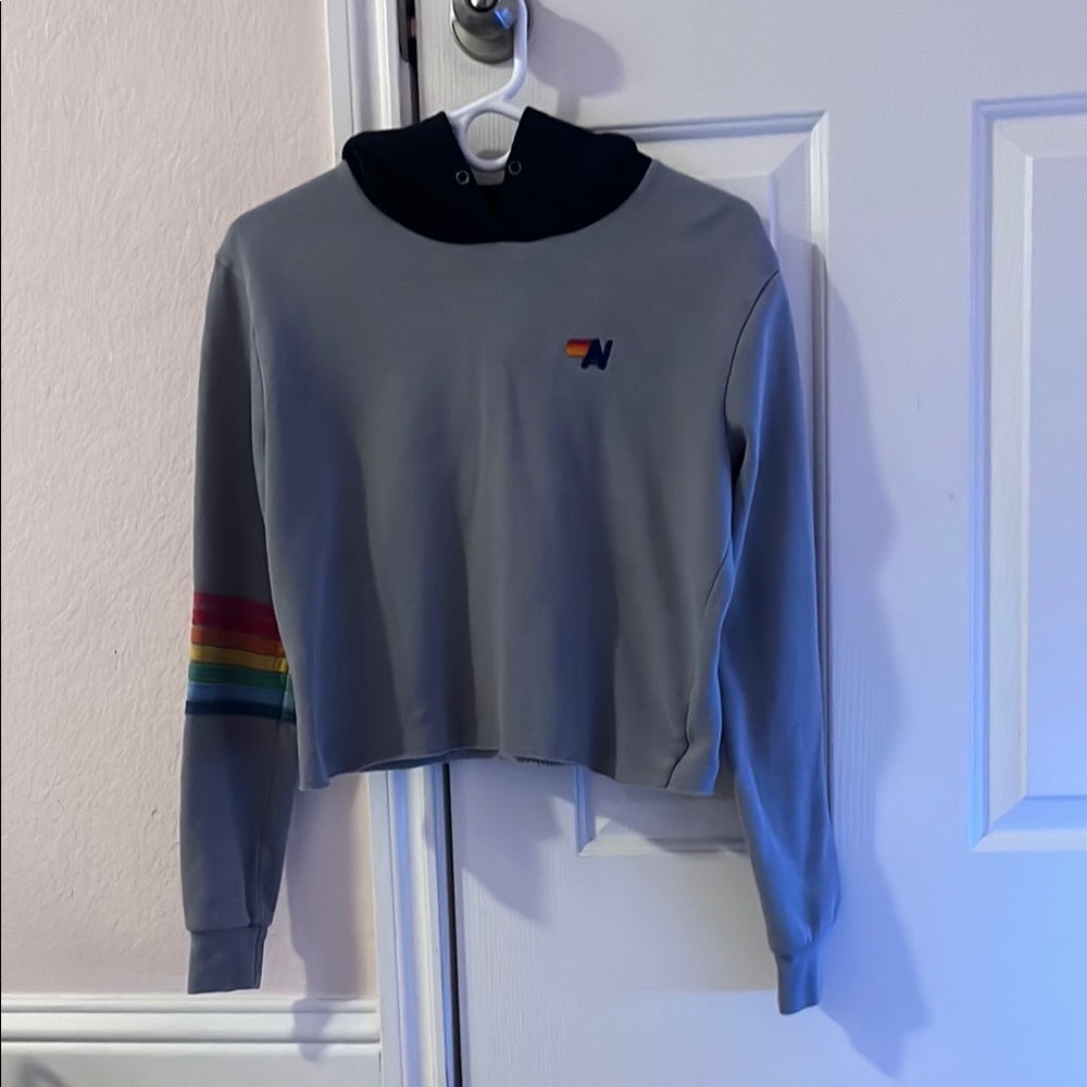 Aviator Nation Gray Cropped Sweater with Rainbow Sleeve